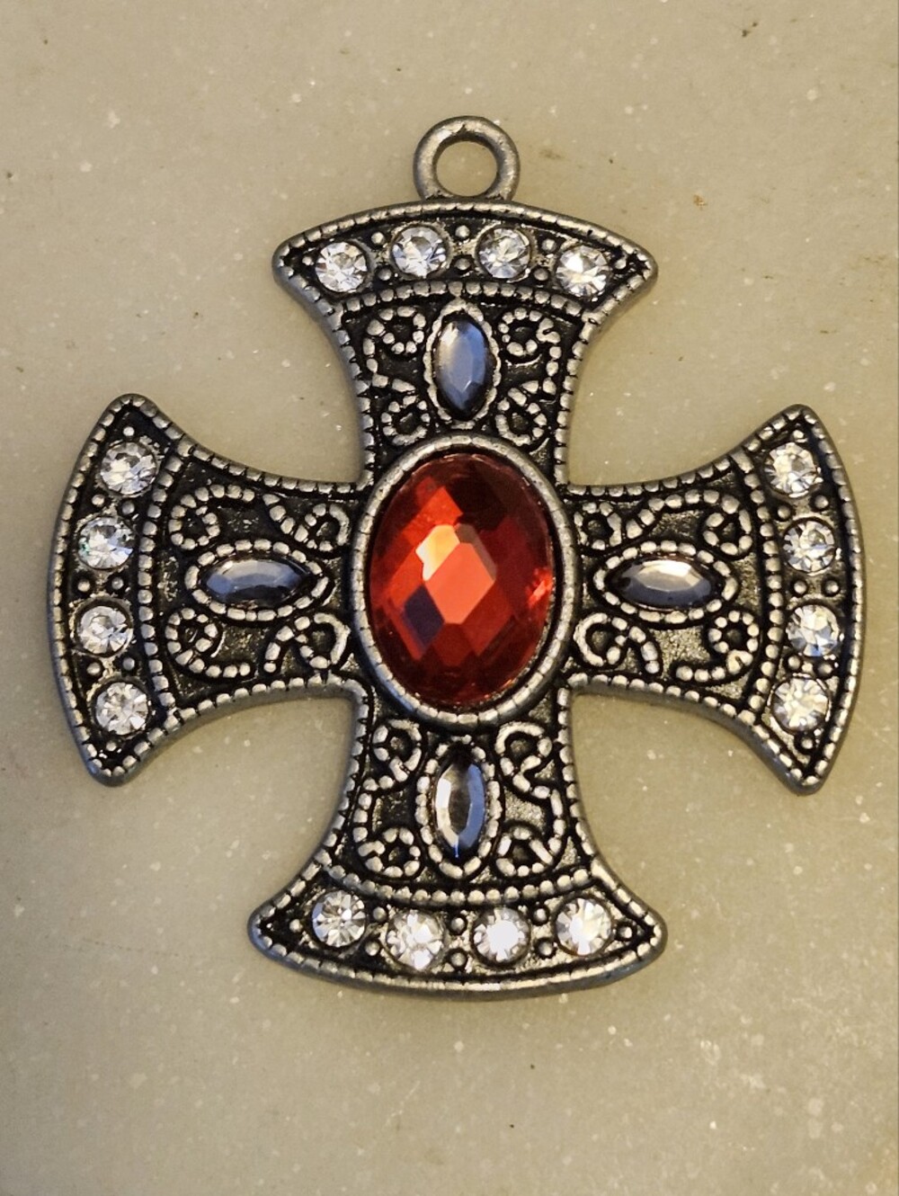 Antique Silver-Tone Cross Pendant with  Rhinestones & Red Gemstone Accent